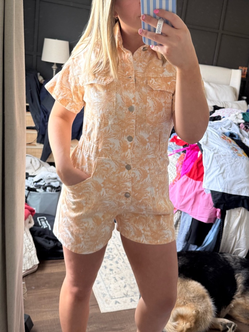 Vici Peach Floral Short Sleeve Button-Up Romper